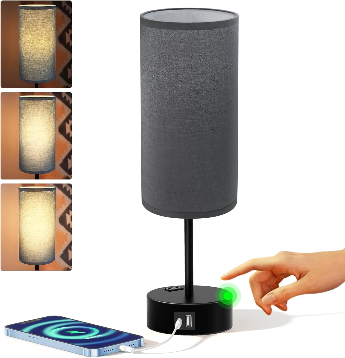 KPQ Small Bedside Lamp Touch Control Table Lamp with USB A+C Charging Ports & AC Outlet 3-Way Dimmable Nightstand Lamp with Linen Fabric Shade for Bedroom Living Room