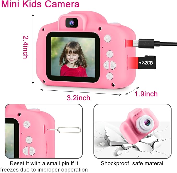 GKTZ Toys for Girls Age 3-8, Kids Camera Digital Video Toddler Camera Children Camcorder Birthday Gifts for 3 4 5 6 7 8 Year Old Girls with 32GB SD Card