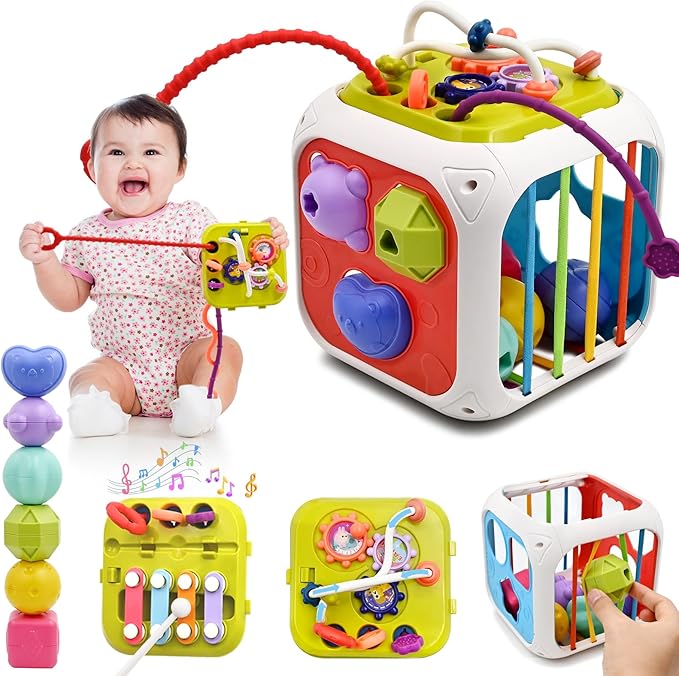 AiTuiTui Multifunction Baby Sensory Activity Cube Toys for 12 18 Months, Shape Sorter Early Learning Educational Interactive Toys for Toddlers 1 2 Year Old Boy Girl, 1st Birthday Gifts