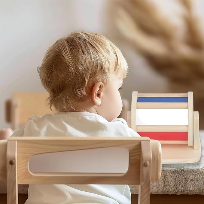 Montessori Spinning Drum Baby Toys, Wooden Tummy Time Mirror Play Kit and Rainbow Fabric Ball Kit Toys for 6-12 Months Toddlers