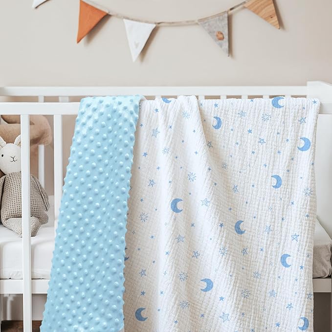 Star Moon Baby Blankets for Boys Girls, Soft Nursery Minky Blankets with Muslin and Dotted Fleece Back 30x40 inches, Receiving Bed Quilt for Newborn, Infants, Toddlers