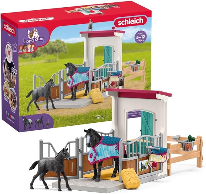 Schleich Horse Club - 34PC Stall Horse Toy Playset with Mare and Foal Figure, Cat Figurine, and Accessories - Stable Extension Set for Girls and Boys - Interactive, Realistic Kids Toys Ages 5+ | 42611