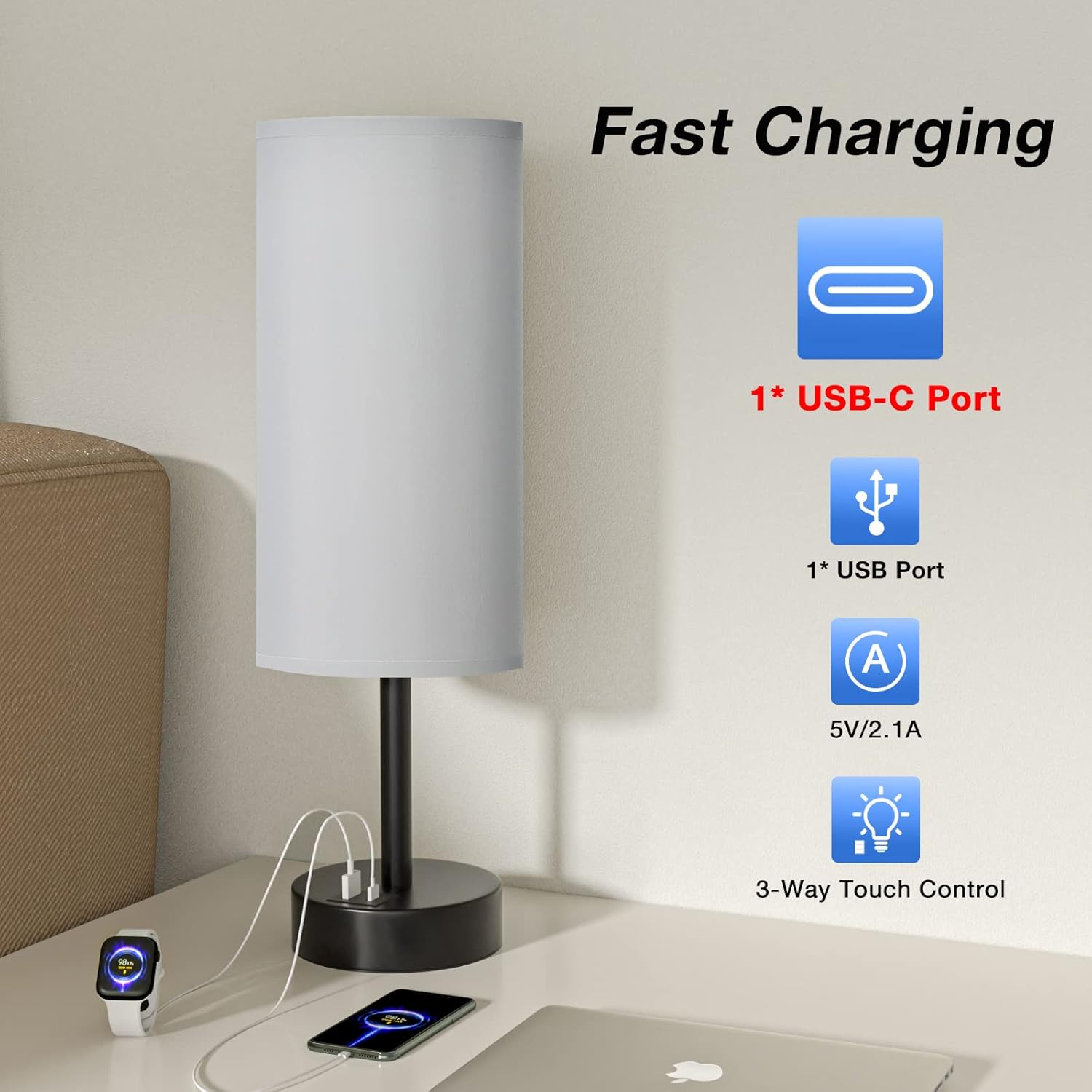 Grey Touch Nightstand Lamps for Girl - Small Bedside Lamp with USB-C and USB Charging Ports, 3 Way Dimmable Control Table Lamp for Living Room Office, Dorm, Reading with Fabric Shade Black Base