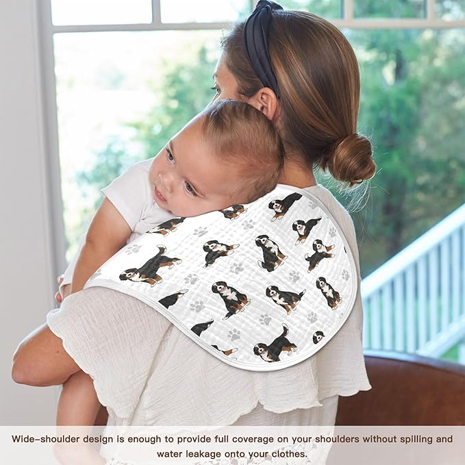 2 Pack Muslin Burp Cloths Bernedoodle Dogs White Cotton Baby Burp Cloths Ultra Soft Burping Cloth Absorbent Spit Up Rags for Newborn Boys Girls 22x11 Inch