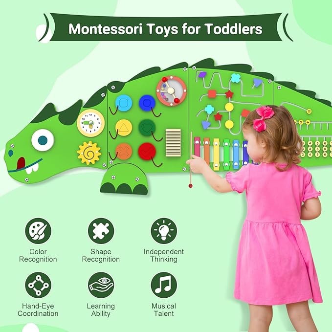 Activity Wall Panels for Kids: Dinosaur Sensory Wall Board for 3+ Years with 10 Activities - Wooden Decor for Toddler Playrooms Bedrooms Daycares