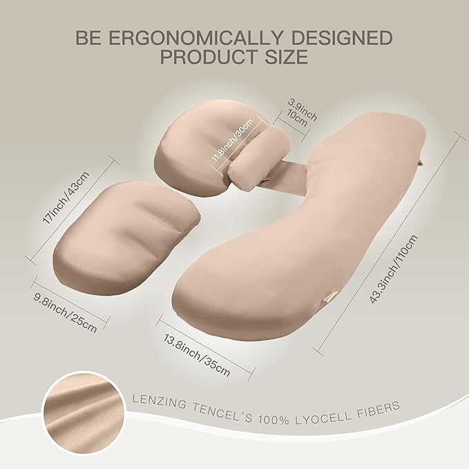 Pregnancy Pillow for Sleeping, Washable 100% Tencel Lyocell Cover, Adjustable H-Shaped Full Body Pillow for Side Sleepers, Silky Breathable, Cooling Maternity Pillow, Pregnancy Must Haves, Beige Grey