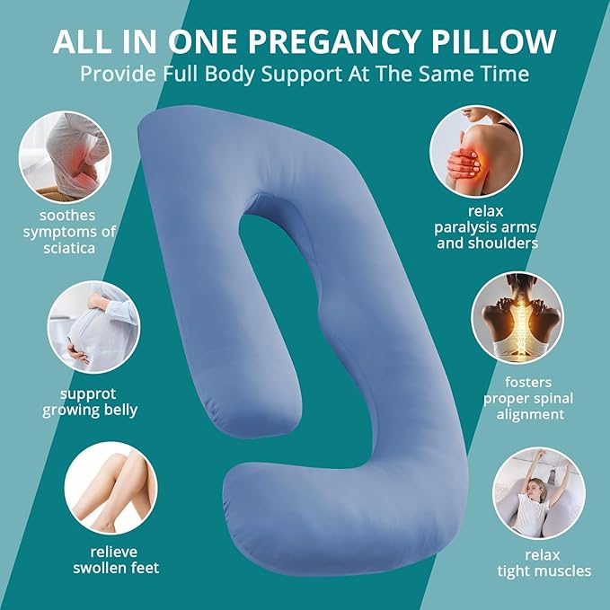 Sasttie Pregnancy Pillows for Sleeping, U Shaped Cooling Full Body Pillow with Removable Cover, Pregnant Women Must Haves, Maternity Essential, Blue