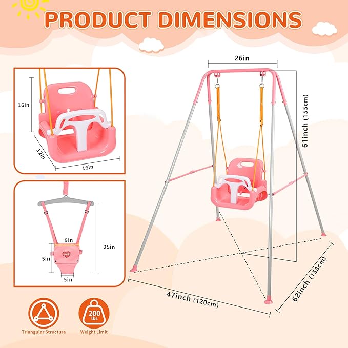 4-in-1 Swing Set & Baby Jumper and Bouncer for Toddler, Heavy Duty Baby Swing Set with Foldable Metal Stand for Indoor & Outdoor Play, Adjustable Swingset for Toddler (Pink)