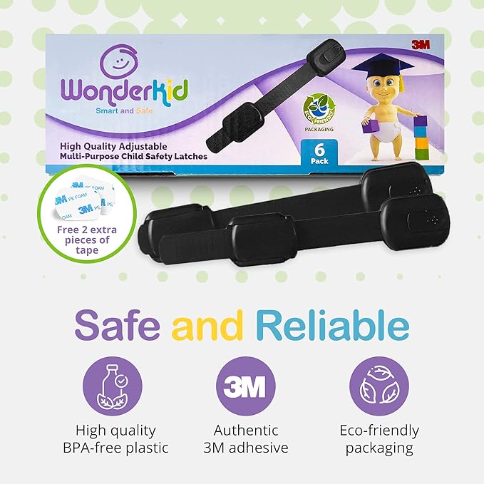 Adjustable & Reusable Child Safety Cabinet Locks & Latches, Baby Proofing Door Window, Cabinet, Toilet, & Refrigerator Lock, Child Safety Strap Locks with Adhesive Pads, Pack of 6, Black - Wonderkid