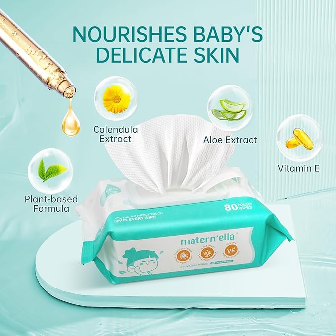 MATERN'ELLA Baby Wipes, Diaper Wipes for Sensitive Skin, Wet Wipes with 99% Water Based, Hypoallergenic, Safe and Gentle, 4 Flip-Top Packs (320 Wipes Total)