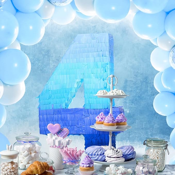 Sratte Number 1 2 3 4 5 6 7 8 9 Piñata with Stick Blindfold Confetti, Gradient Blue Piñata for Kids Boys Girls Birthday Party Anniversary Decorations Supplies(Number 4)