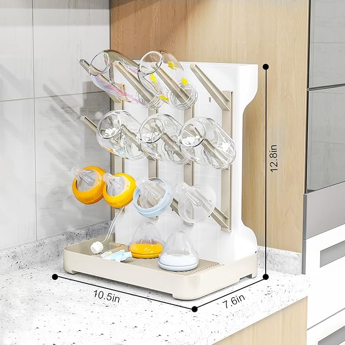 GoMaihe Baby Bottle Drying Rack: Space Saving Vertical Bottle Dryer Holder - Baby Accessories Storage Stand Organize Brushes Pacifiers on Countertop - BPA-Free - Beige