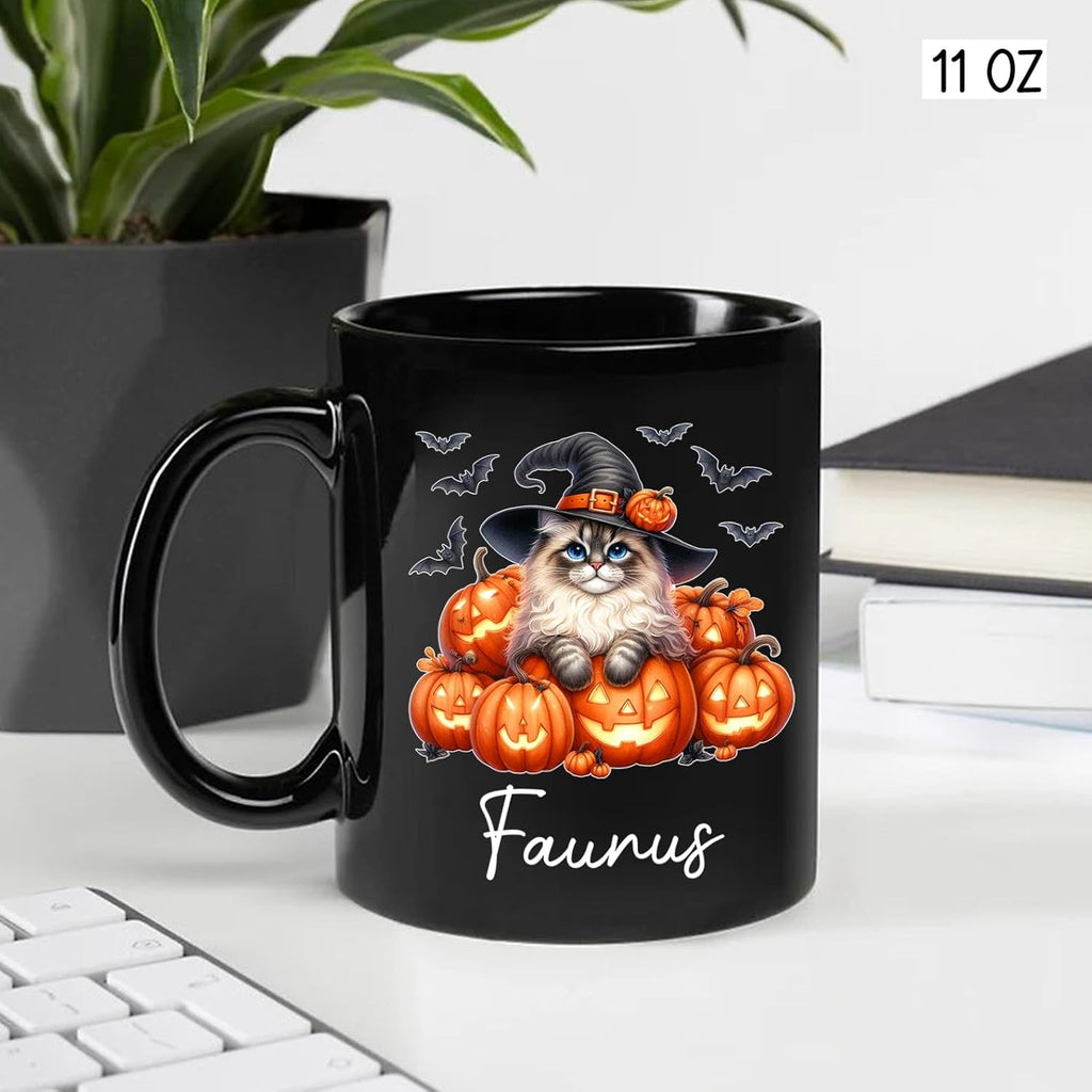 Personalized Ragdoll with Pumpkins Mug Gift for Halloween, Customized Name Ragdoll Witch Hat Coffee Cup, Unique Cat Breeds Ceramic Mug, Cat Dad Mom Halloween Cup, Black Tea Cups 11oz 15oz