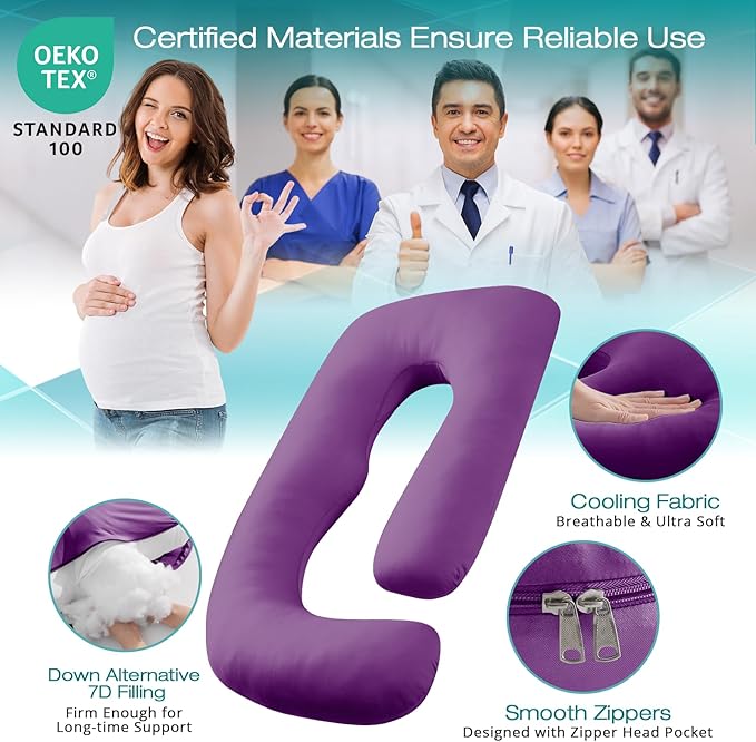 Sasttie Pregnancy Pillows for Sleeping, U Shaped Cooling Full Body Pillow with Removable Cover, Pregnant Women Must Haves, Maternity Essential, Purple