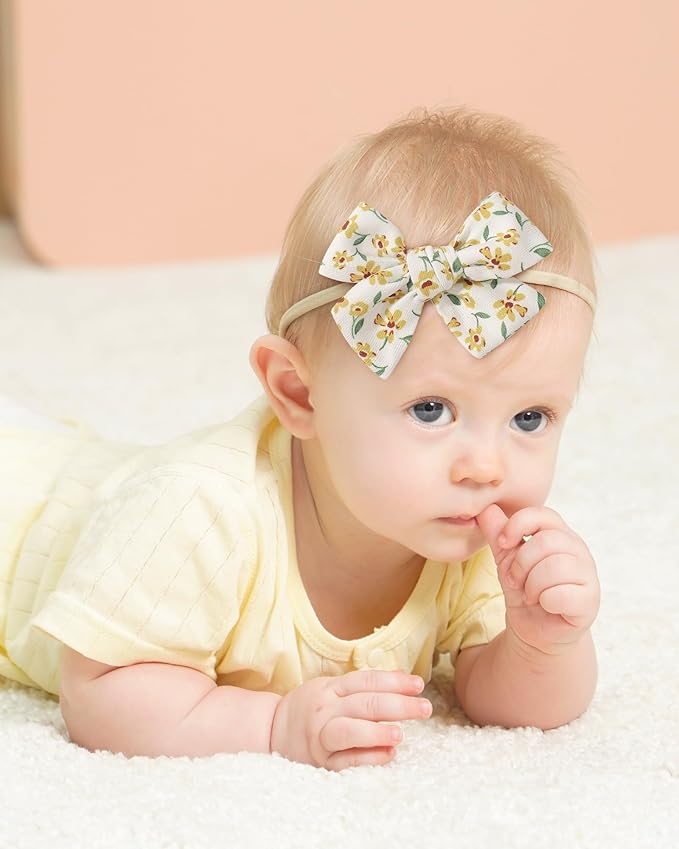 doboi 10PCS Baby Girls Headbands Hair Bows Nylon Cotton Linen Hairbands Fine Handmade Hair Accessories for Newborn Infant Toddlers Little Girls-Embroidered Flower