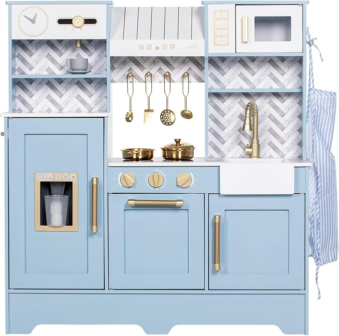 Play Kitchen for Kids, Wooden Children Kitchen Playset w/Coffee Maker, Oven, Stove, Sink, Apron, Ice Maker, Cookware, Kids Toy Kitchen Set for Toddler Girls Boys Pretend Play Toy Gift Ages 3+