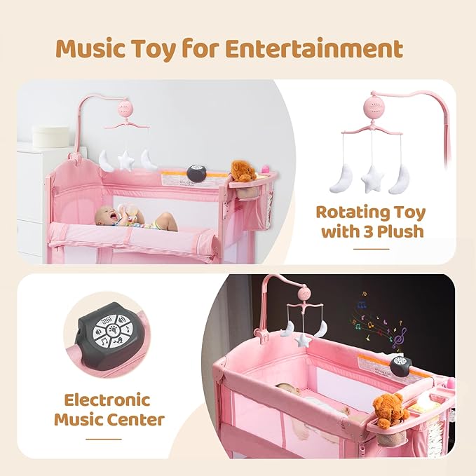 JOYMOR 9 in 1 Bedside Bassinet with Changing Table, Pack and Play with Bassinet, Convert to Rocking Baby Bed with Electric Music Center, Mosquito Net, Storage,Pink
