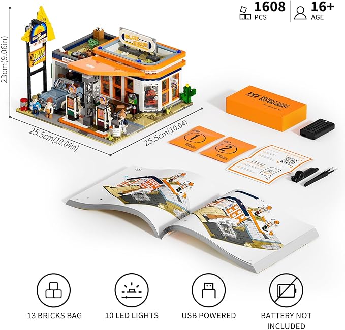 FUNWHOLE City Gas-Station Lighting-Building-Bricks Set - Road Trip Modular Car Service Station Collection LED Light Building Set 1608 Pcs for Adults, Teen and Travelling Enthusiasts