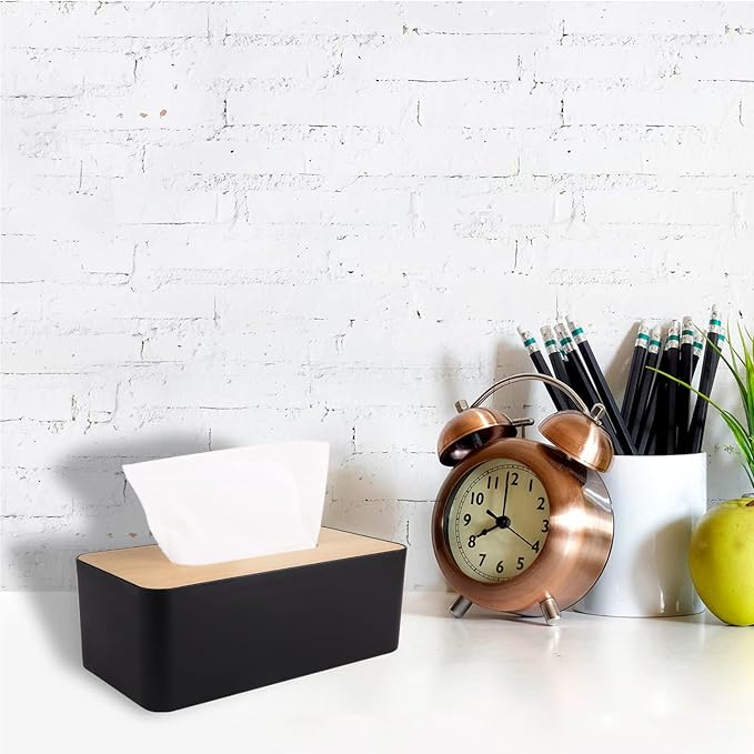 MOCHTERO Tissue Box Cover,Tissue Holders,Tissue Box Holder for Bathrooms,Bamboo Cover Plate,Home and Office,9.7 * 5 * 3.6in (Black)