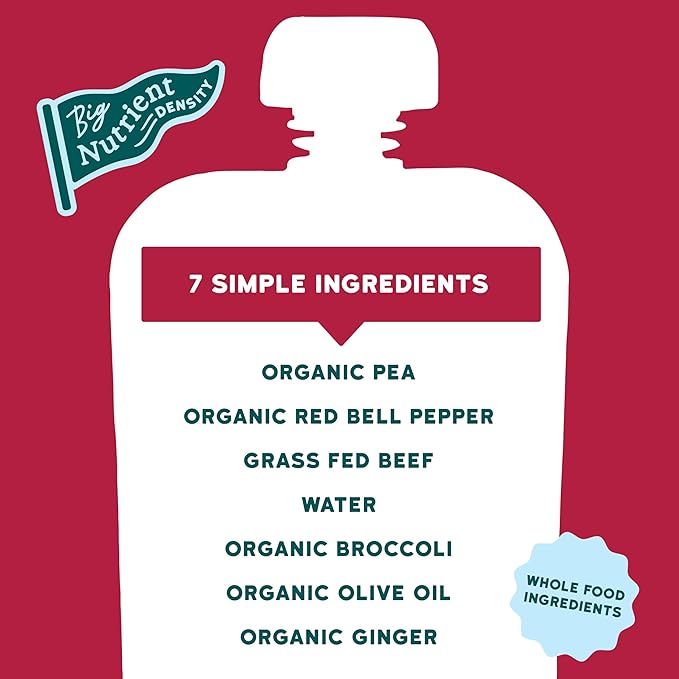 Serenity Kids 6+ Months Beef & Ginger Baby Food Puree Pouches - Grass Fed Beef & Organic Peas, Bell Pepper & Broccoli - No Added Sugar & BPA-Free Pouches - 3.5 Oz, 6 Pack