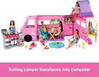 Barbie Dream Camper New for 2025 Playset with Roof Tent, Swing Chair, Fishing Pond, BBQ Grill with Color-Change Feature & 60+ Accessories Including Dough