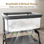 Papablic Baby Bassinet, Bedside Bassinet for Baby with Four-Sided Breathable Mesh & Soft Mattress, Adjustable Bassinet Bedside Sleeper with Storage Basket and Wheels, Easy to Assemble, Gray