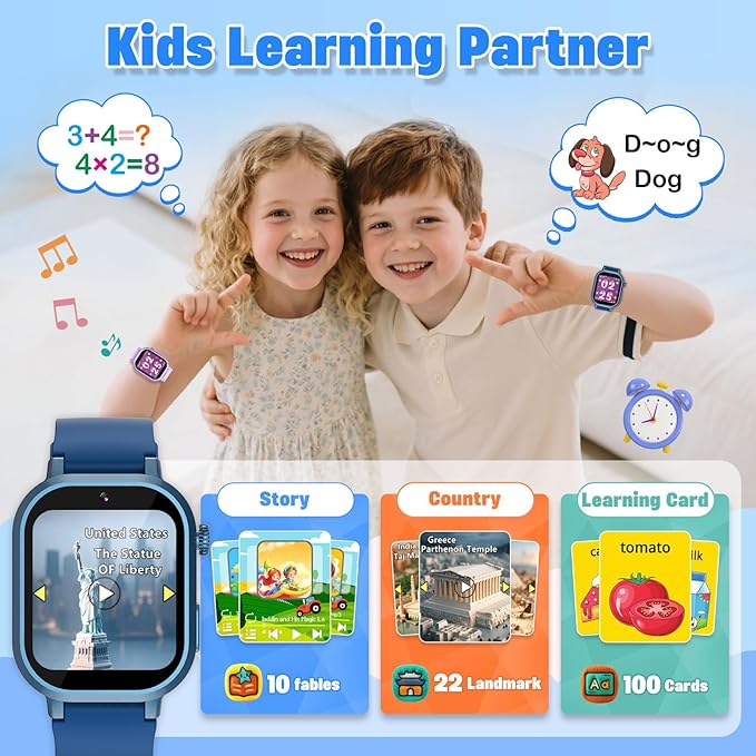Kids Waterproof Smart Watch Boys Gift Age 3-12 with 39 Game HD Touch Screen Music Player Video Camera Pedometer Alarm Clock Birthday Gift for 6 7 8 9 Year Olds Blue