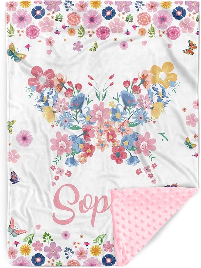 Personalized Baby Blankets for Girls, Custom Name Pink Butterfly Pattern Baby Blanket, Soft Minky Dot Blanket for Newborns and Toddlers, Ideal for Baby Showers Christmas Brithday Gifts