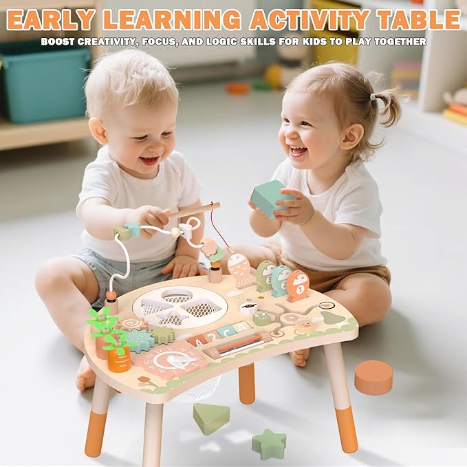 Activity Table for 1+ Year Old, 9-in-1 Wooden Montessori Toy Activity Center with Shape Sorter Fishing Game Bead Maze, Baby Play Table Sensory Educational Toys for Toddler