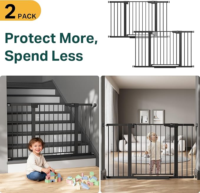 Cumbor 2 Pack 29.7"-51.5" Extra Wide Baby Gate for Stairs, Easy Wall Through Dog Gates for Doorways, Pressure Mounted Pet Gate Indoor, Safety Auto-Close Child Gate for Kids with 4 Wall Cups, Black