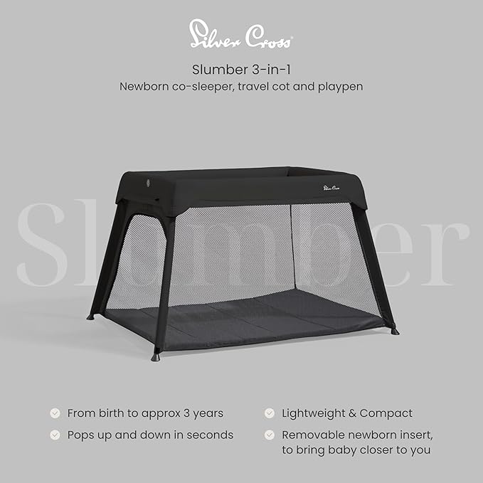Silver Cross Sleep & Go 3 in 1 Travel Crib - Converts Newborn Bassinet, Crib to Playard - Portable, Lightweight, Easy to Pack with Comfortable Mattress for Infants to Toddlers - Carbon (Sustainable)