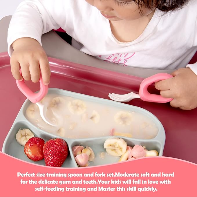 Training Spoon & Fork with Travel Case Pink | Toddler Self Feeding Utensil Set, BPA-Free Cute Circle Silicone ABS Spoons Set for Baby Led Weaning