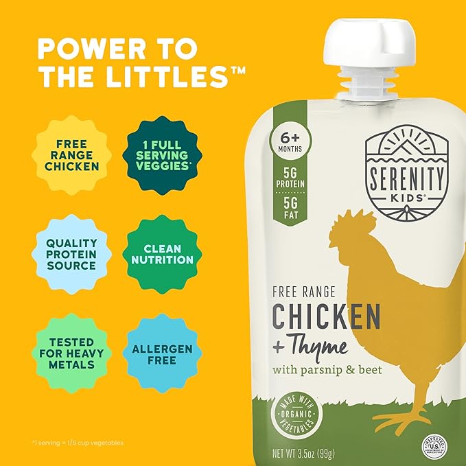 Serenity Kids 6+ Months Chicken Baby Food Pouches - BPA-Free Pouches - Free-Range Chicken & Organic Parsnip, Beet & Thyme - Protein-Rich & No Added Sugar - 3.5 Oz, 12 Pack