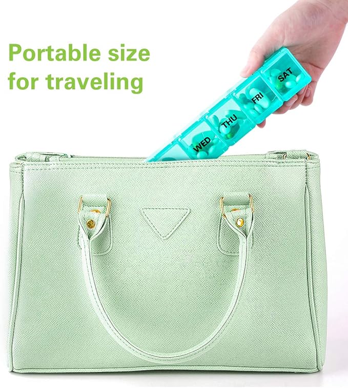 BUG HULL Weekly Pill Organizer Large 2 Packs, Extra Large Travel Pill Organizers, Pill Box 7 Day, Travel Pill Case, Medicine Pill Organizer for Vitamins, Supplements and Medications (Blue+Green)