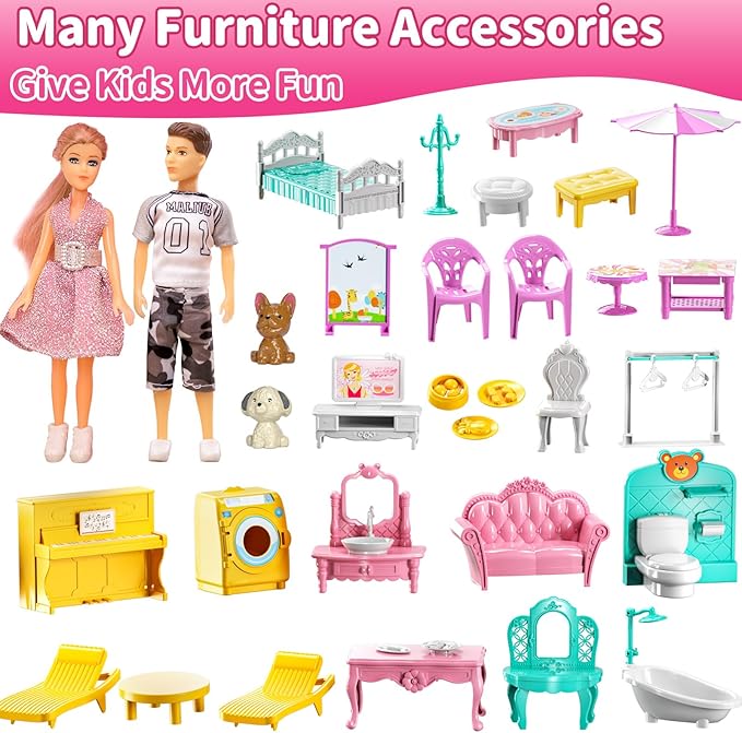 Pink Girl House Playset for Kids 3 4 5 6 7 8 Years Old - Villa Girl Toys with 4 Storeys 10-Room and 2 Dolls, Furniture Accessories, Pretend Play Indoor Toddler Toys Birthday Gifts for 3-5 6-8