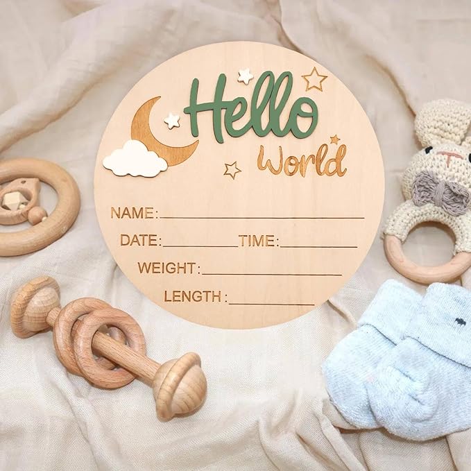 Baby Announcement Sign, 5.9 Inch Wooden Hello World Newborn Signs, Birth Announcement Sign and Pen, Moon and White Cloud Decoration, Welcome Newborn Arrival to World, Hospital Nursery for baby (Green)