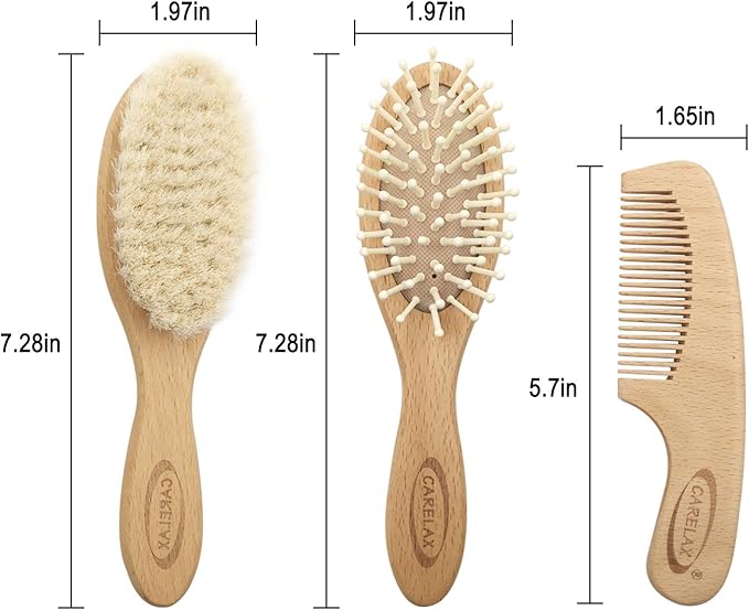 Baby Hair Brush & Comb Set, Organic Wooden Hairbrush Natural Goat Bristles 3-Piece for Newborns & Toddlers, Ideal for Cradle Cap & Itching, Perfect Shower and Registry Gift for Infant, Toddler, Kids