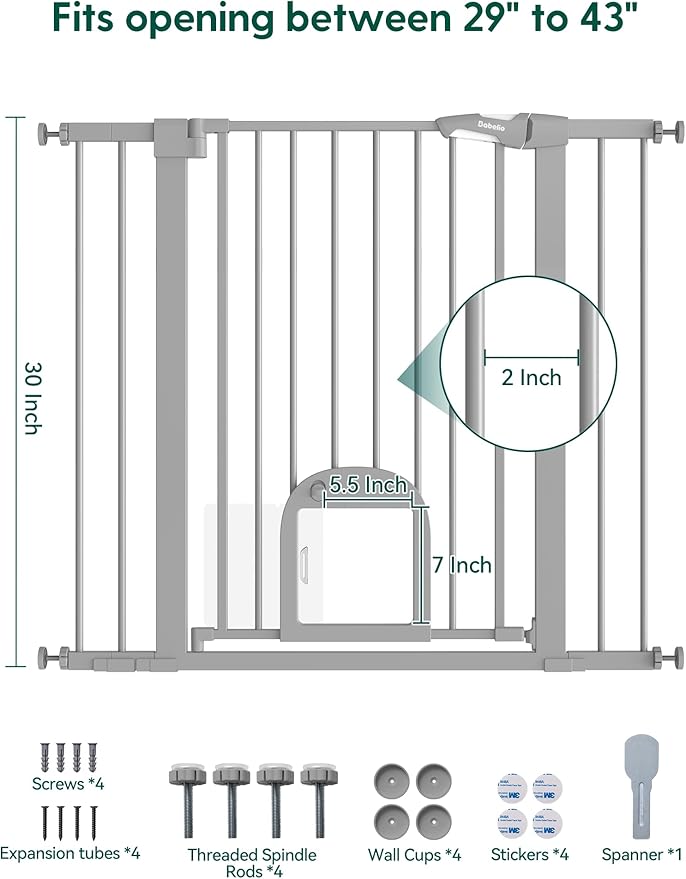 Babelio 36" Tall Upgraded Baby Gate with Cat Door,29-43" Auto Close Durable Dog Gate for Stairs,Doorways and House,Easy Walk Thru,Includes 4 Wall Cups,Gray