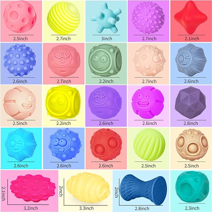 24 Pcs Sensory Balls for Toddlers, Sensory Baby Toys, Montessori Toy for Babies Squeeze, Infant Toys Soft Multi Ball Set Gifts with Bright Color Textured