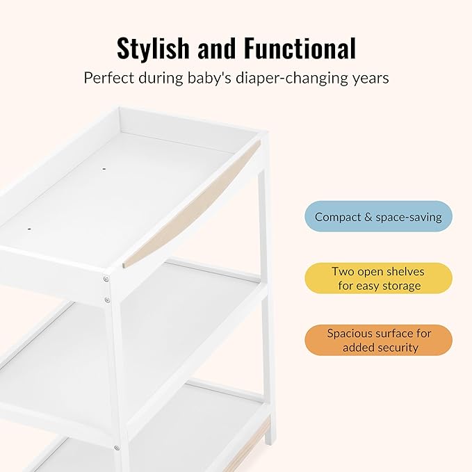 Dream On Me Emerson Baby Changing Table – Compact Modern Changing Station with 2 Open Shelves, New Zealand Pinewood, Easy-to-Clean Non-Toxic Finish, Space-Saving Nursery Storage – Vintage White Oak