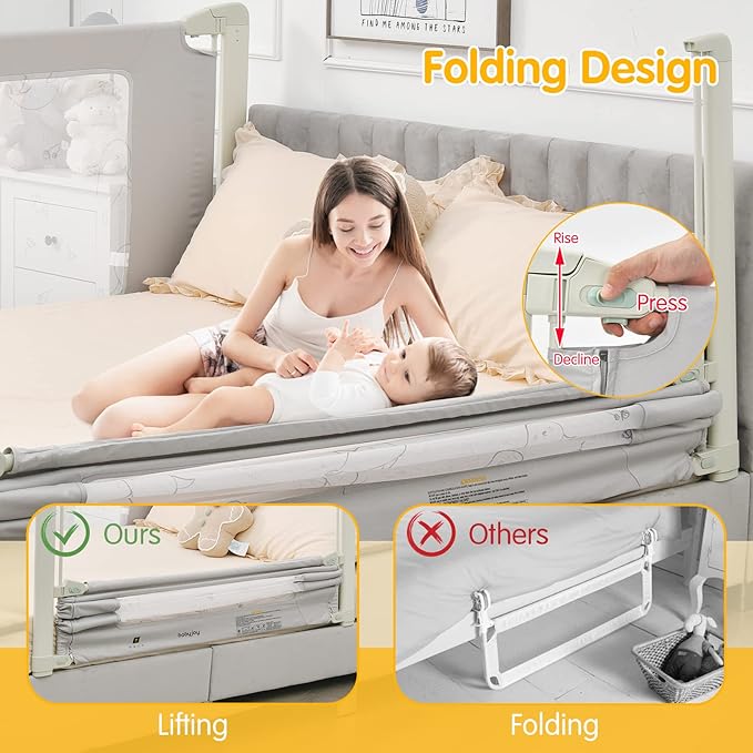 BABY JOY Bed Rails for Toddlers, 70'' Extra Long, Height Adjustable Kids Rail Guard w/Double Safety Lock for Convertible Crib, Folding Baby Bedrail for Twin Double Full Size Queen King Mattress, Gray