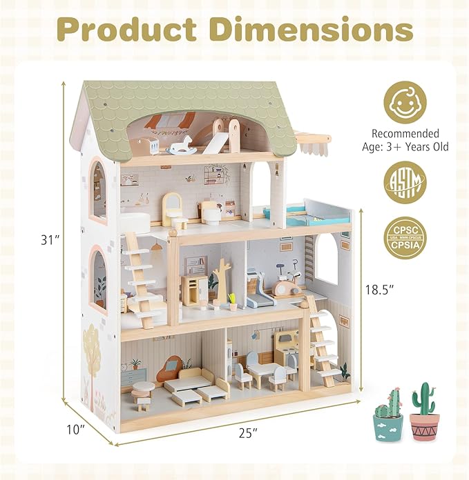 Costzon Wooden Dollhouse, Kids DIY Pretend Playhouse w/ 33 PCS Furniture Accessories, Modern Family Play House Toy w/Balcony, Pool for Girls & Boys Ages 3+ Years Old