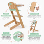 Cowiewie Natural Wooden High Chair for Babies & Toddlers 3-Tier Remove Adjustable Tray and Highchair with Cushions, Easy to Clean, Portable(Green)