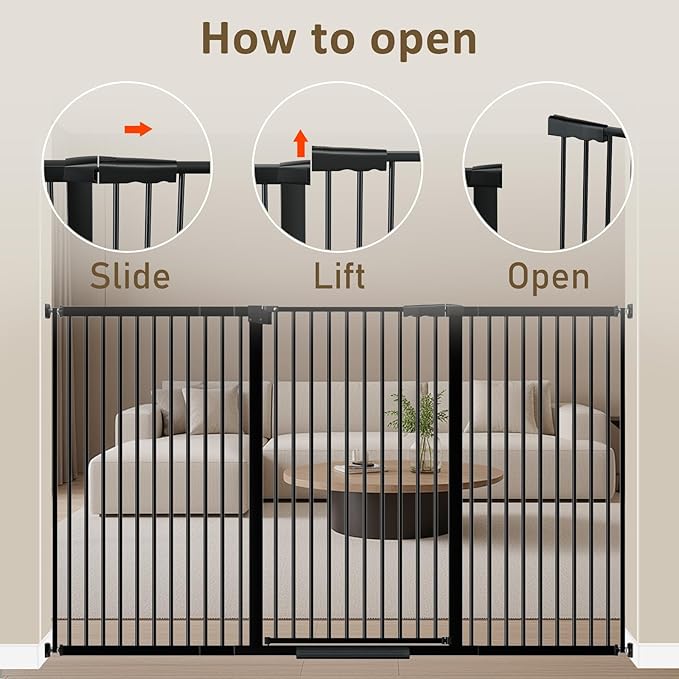 WAOWAO 40.55" Extra Tall 1.37" Ultra Narrow Spacing 53.74-61.61" Extra Wide Dogs Pets Baby Gate Safety Indoor Puppy Pressure Mounted Gate No Drill Black Metal for Stairs,Doorways,Kitchen,Hallway