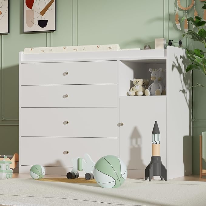 Nursery Dresser Changing Table Dresser with Changing Table Top Baby Diaper Changing Station with 5 Drawers for Infants Chest Storage Changing Station Nursery Organizer,White