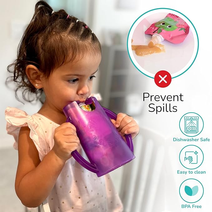 Flipping Holder Squeeze Proof Food Pouch Holder for Toddlers, Babies, Kids, Mess Free No Squeeze Juice Box Drink and Applesauce Snack Holder with Easy Grip Handles and Lid