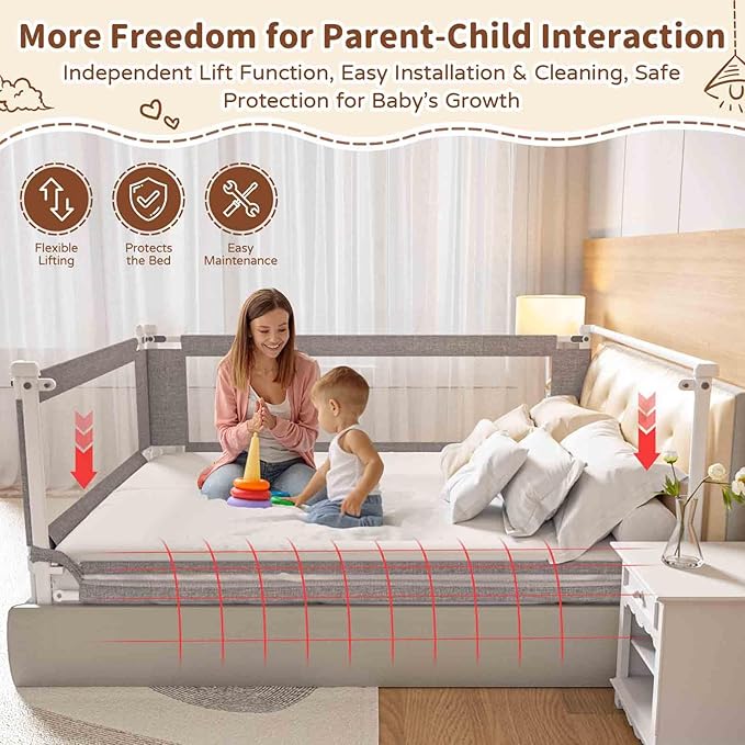 3-Piece King Size Bed Rail for Toddlers - Height Adjustable Baby Bed Rail Guard with Headboard Rod,Safety Bed Rails for King Size Bed with Child Lock(78.74x78.74x74.8 Inch)