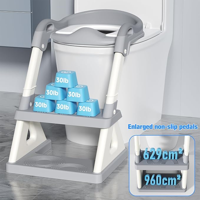 Potty Training Seat with Step Stool Ladder, Upgrade Triangular Stabilized Base 2-IN-1 Toddler Toilet Seat with Splash Guard, Anti-Slip Pad, and Step Stool (Agate Grey)