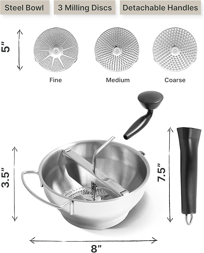 Stainless Steel Food Mill with Detachable Handles – Hand Crank Grinder for Baby Food, Tomato Sauce & Mashed Potatoes – Includes 3 Discs – Easy to Use & Clean – Great for Home Chefs, Parents & Canning