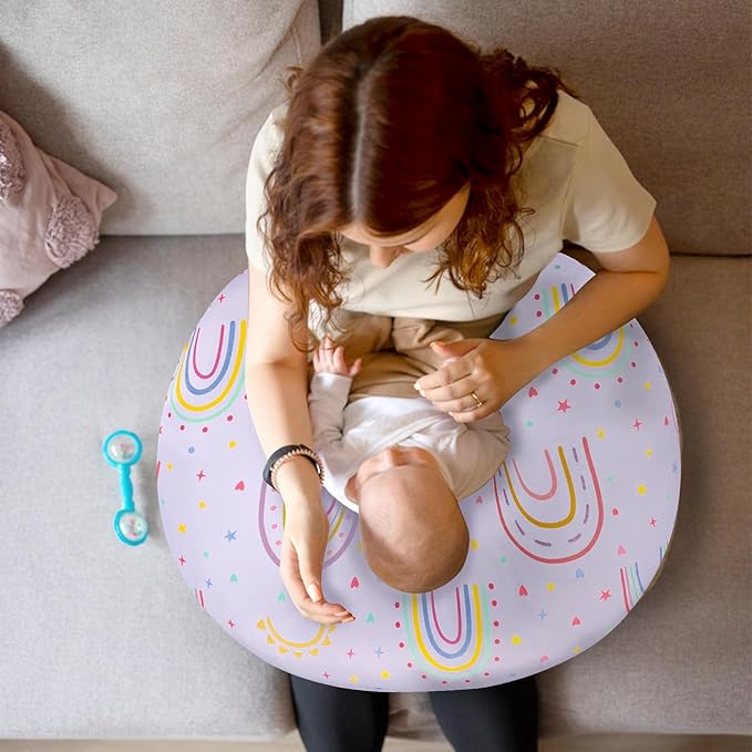 Nursing Pillow Cover, Removable Nursing Covers for Breastfeeding Pillows, Stretchy and Soft Fit for Baby Girls Boys Newborn, Purple Rainbow (Only Cover)